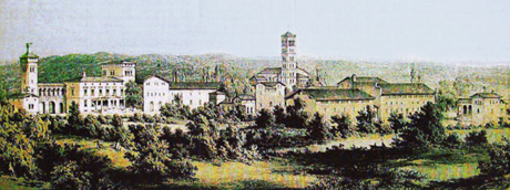 Krongut Bornstedt - nach J. H. Haeberlin Bornstedt von Sanssouci aus gesehen: eine Lithographie um 1860 von W. Locillot nach J. H. Haeberlin. Repro: Jäzosch
